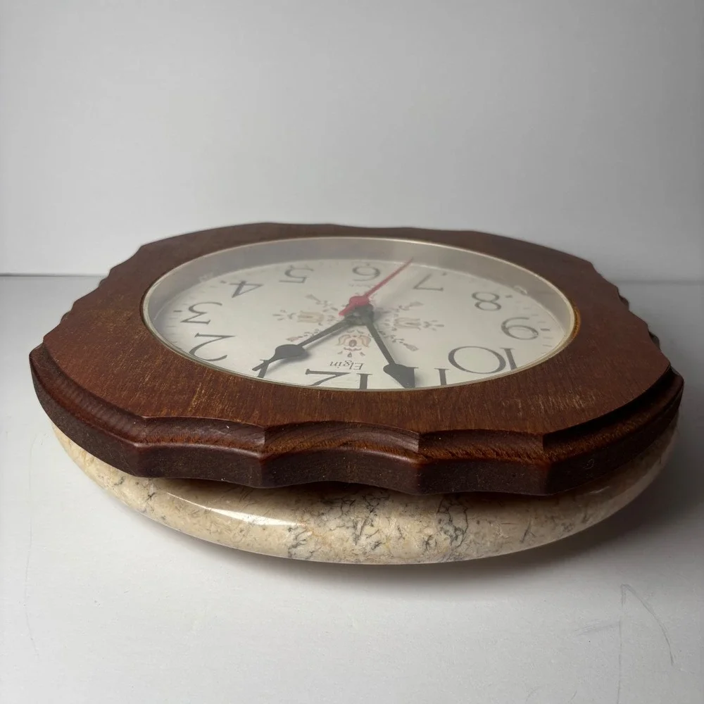 Elgin Wall Clock Brown Wood Scalloped Quartz Floral Made in USA Cottagecore 10